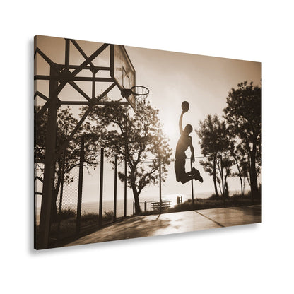 Leinwandbild Basketball Dunking Silhouette – Sport Abendhimmel XXL Canvas - deyoli