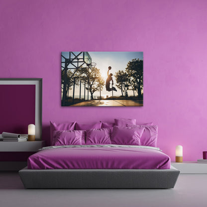 Leinwandbild Basketball Dunking Silhouette – Sport Abendhimmel XXL Canvas - deyoli