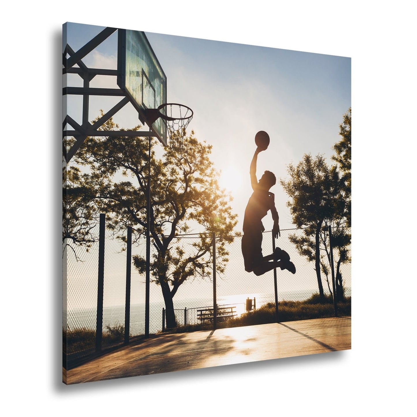 Leinwandbild Basketball Dunking Silhouette – Sport Abendhimmel XXL Canvas - deyoli