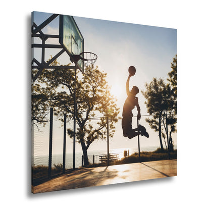 Leinwandbild Basketball Dunking Silhouette – Sport Abendhimmel XXL Canvas - deyoli