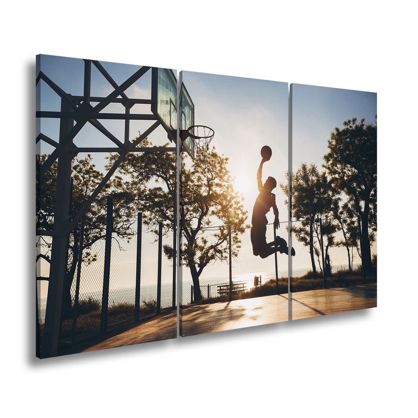 Leinwandbild Basketball Dunking Silhouette – Sport Abendhimmel XXL Canvas - deyoli