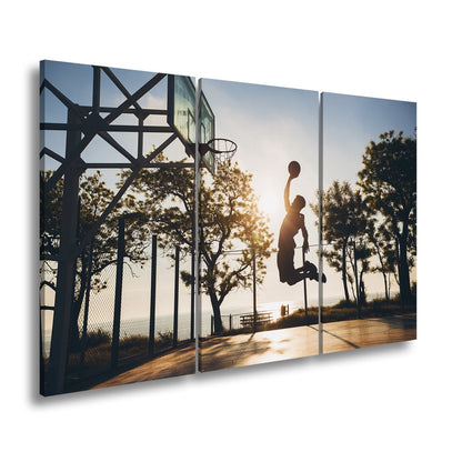 Leinwandbild Basketball Dunking Silhouette – Sport Abendhimmel XXL Canvas - deyoli