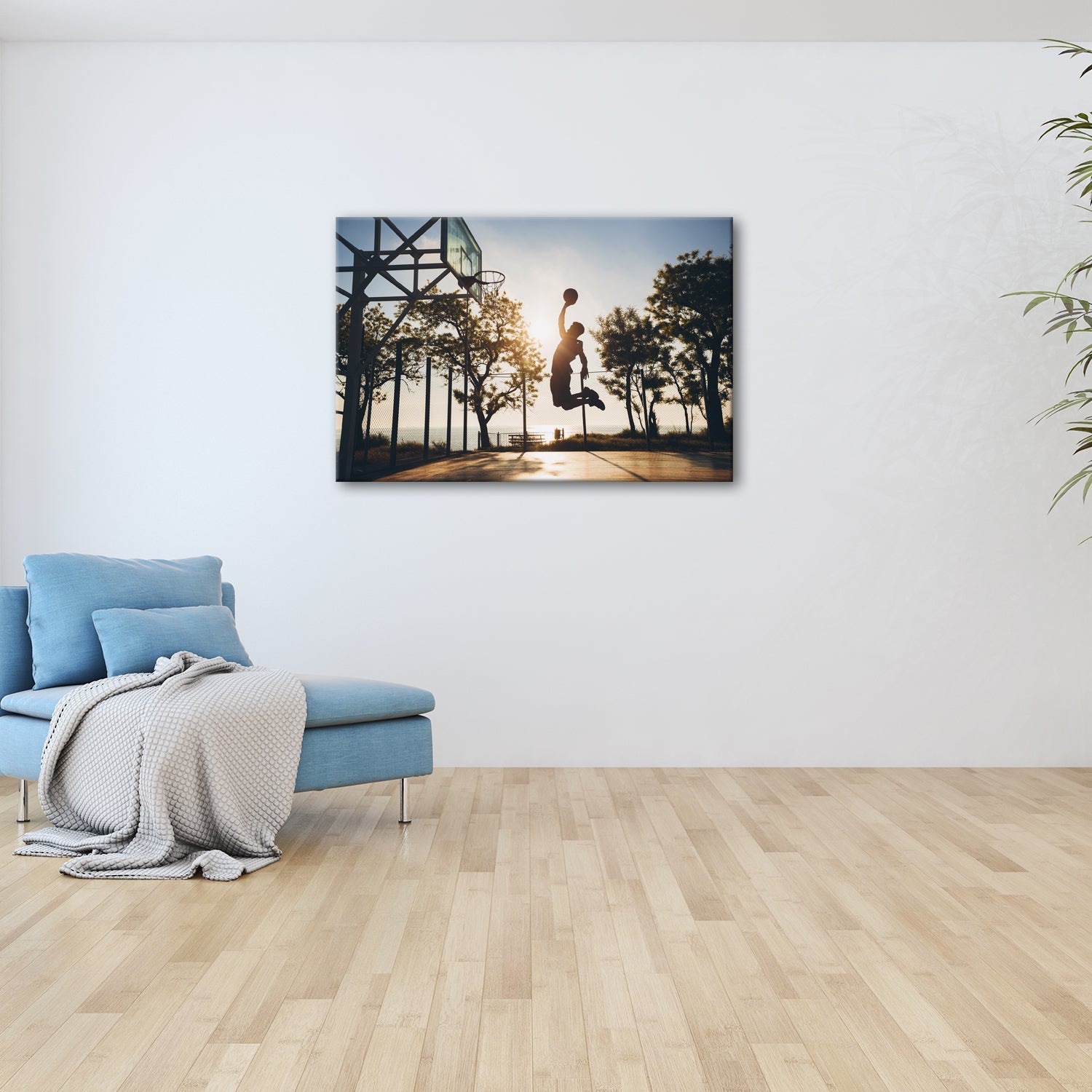Leinwandbild Basketball Dunking Silhouette – Sport Abendhimmel XXL Canvas - deyoli