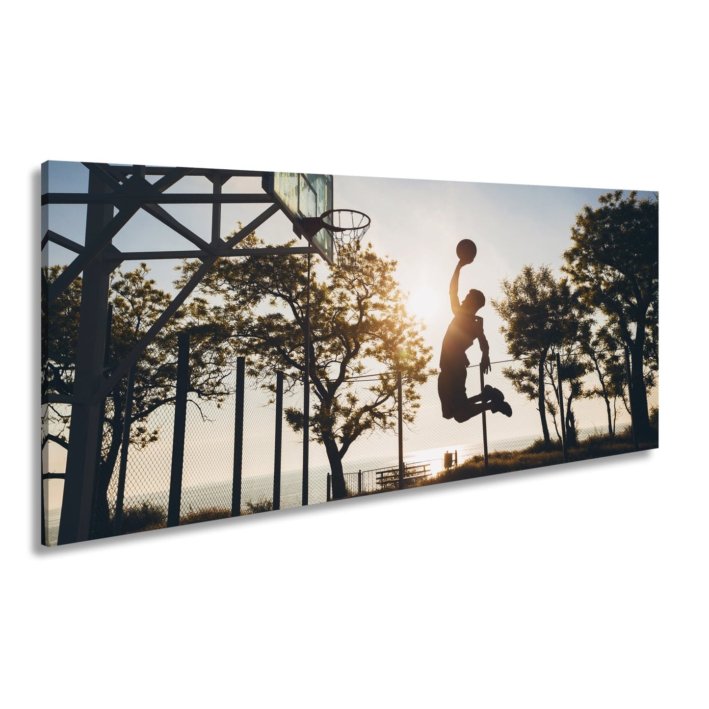 Leinwandbild Basketball Dunking Silhouette – Sport Abendhimmel XXL Canvas - deyoli