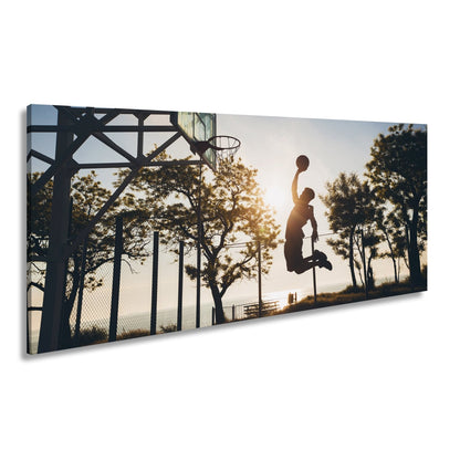 Leinwandbild Basketball Dunking Silhouette – Sport Abendhimmel XXL Canvas - deyoli