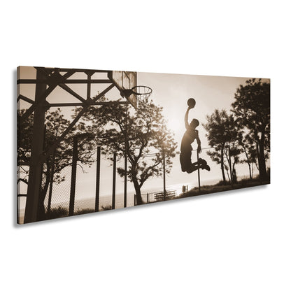 Leinwandbild Basketball Dunking Silhouette – Sport Abendhimmel XXL Canvas - deyoli
