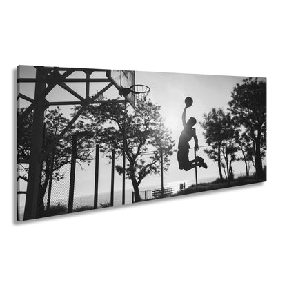 Leinwandbild Basketball Dunking Silhouette – Sport Abendhimmel XXL Canvas - deyoli