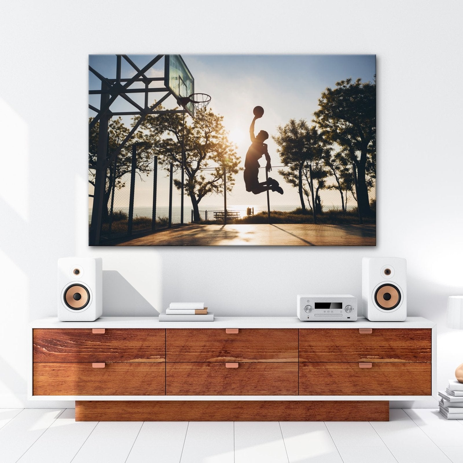 Leinwandbild Basketball Dunking Silhouette – Sport Abendhimmel XXL Canvas - deyoli