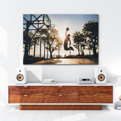 Leinwandbild Basketball Dunking Silhouette – Sport Abendhimmel XXL Canvas - deyoli