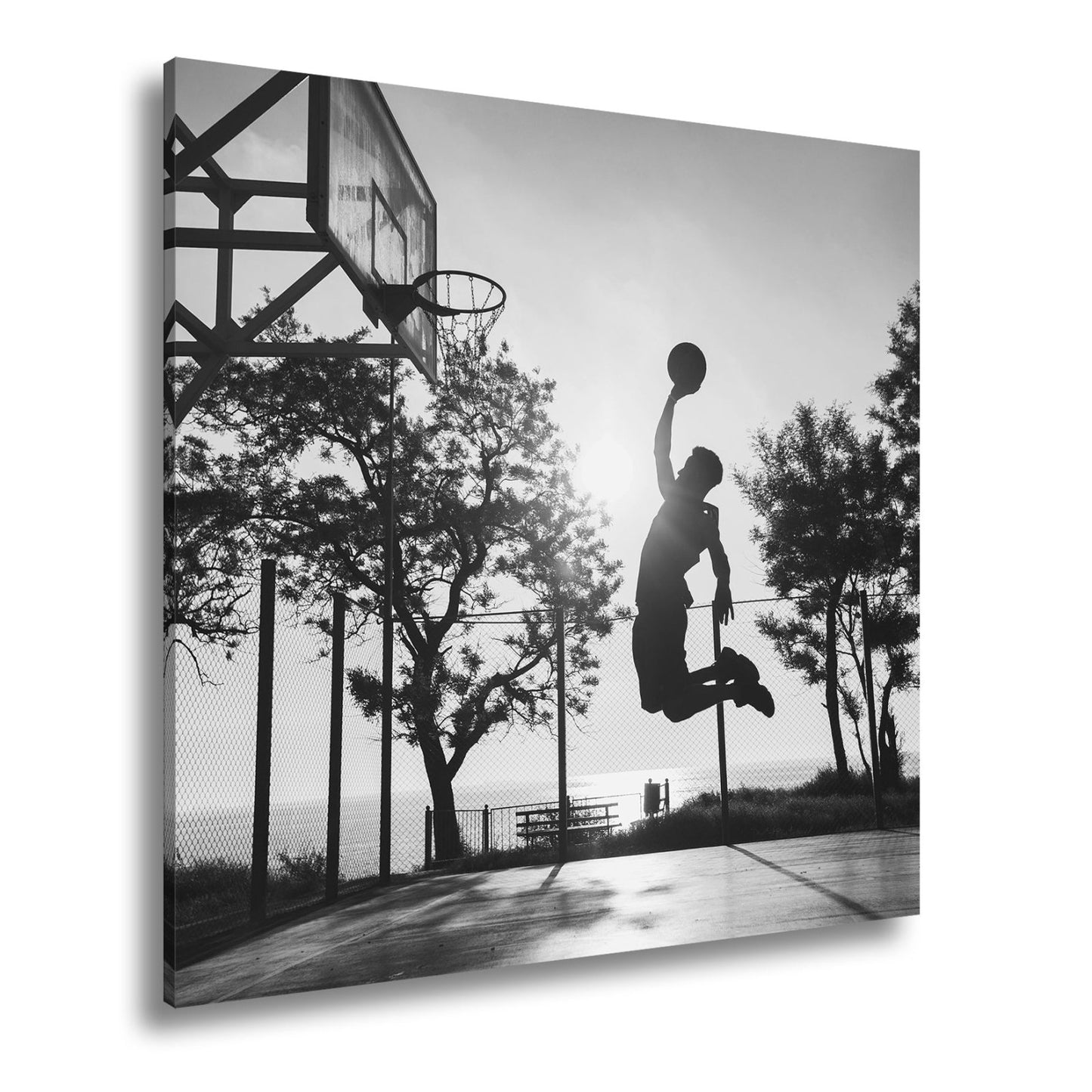Leinwandbild Basketball Dunking Silhouette – Sport Abendhimmel XXL Canvas - deyoli