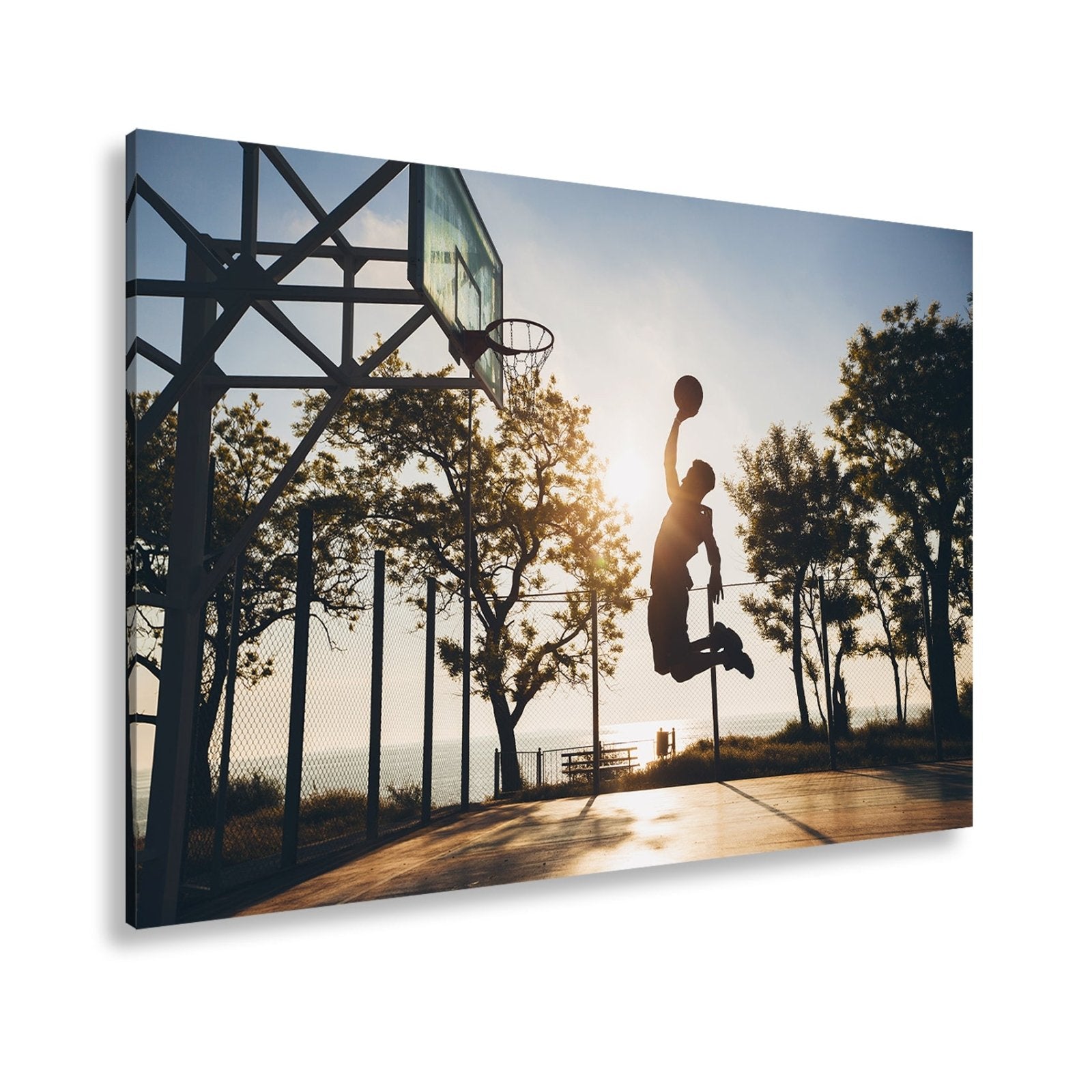 Leinwandbild Basketball Dunking Silhouette – Sport Abendhimmel XXL Canvas - deyoli