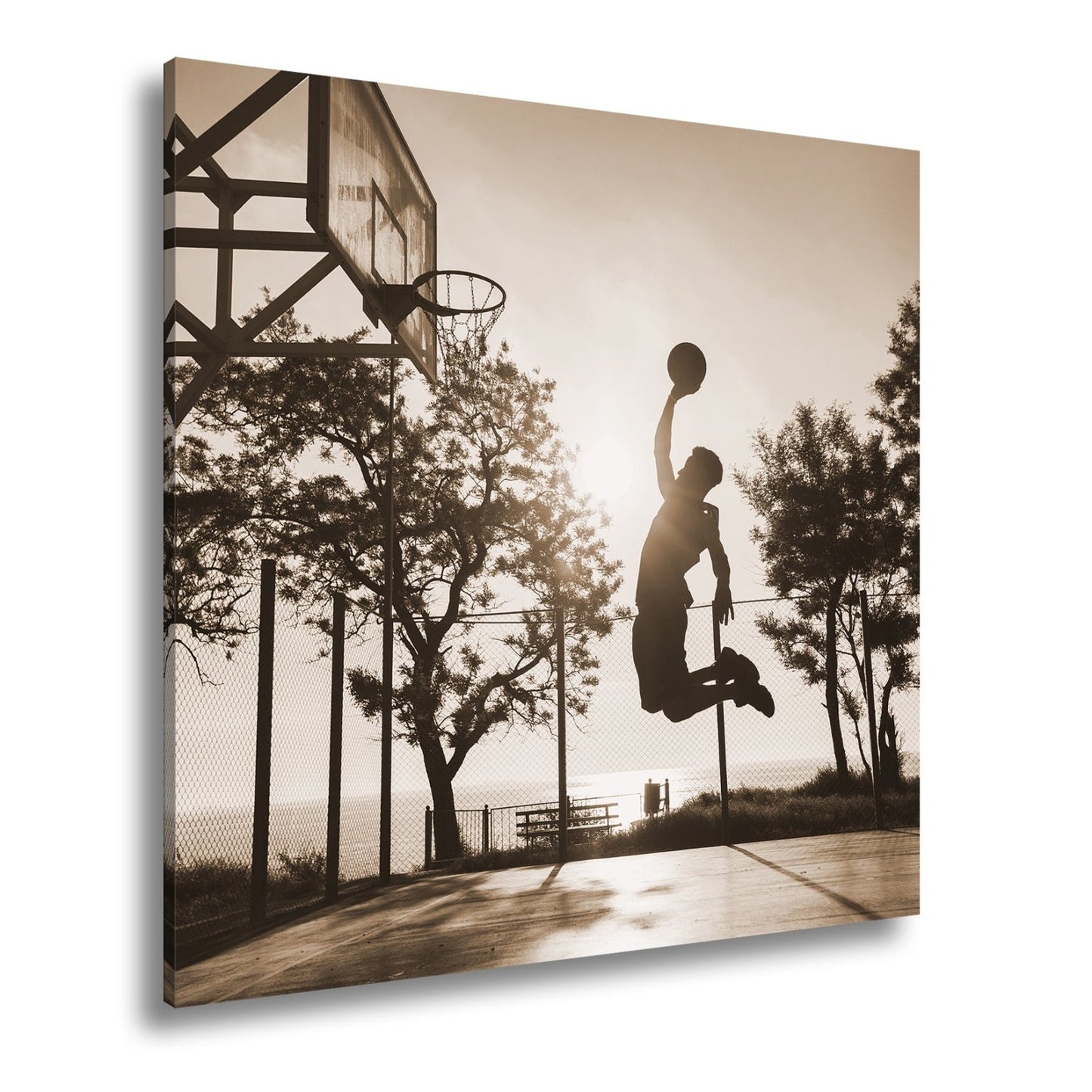 Leinwandbild Basketball Dunking Silhouette – Sport Abendhimmel XXL Canvas - deyoli