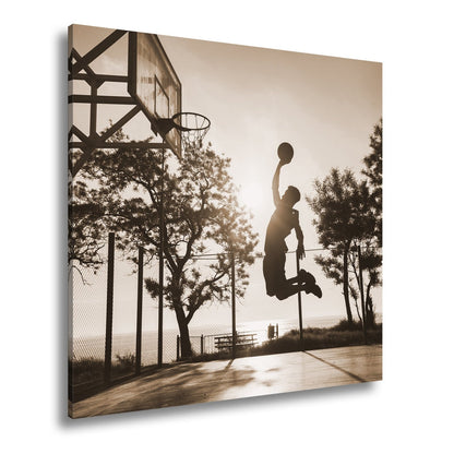 Leinwandbild Basketball Dunking Silhouette – Sport Abendhimmel XXL Canvas - deyoli