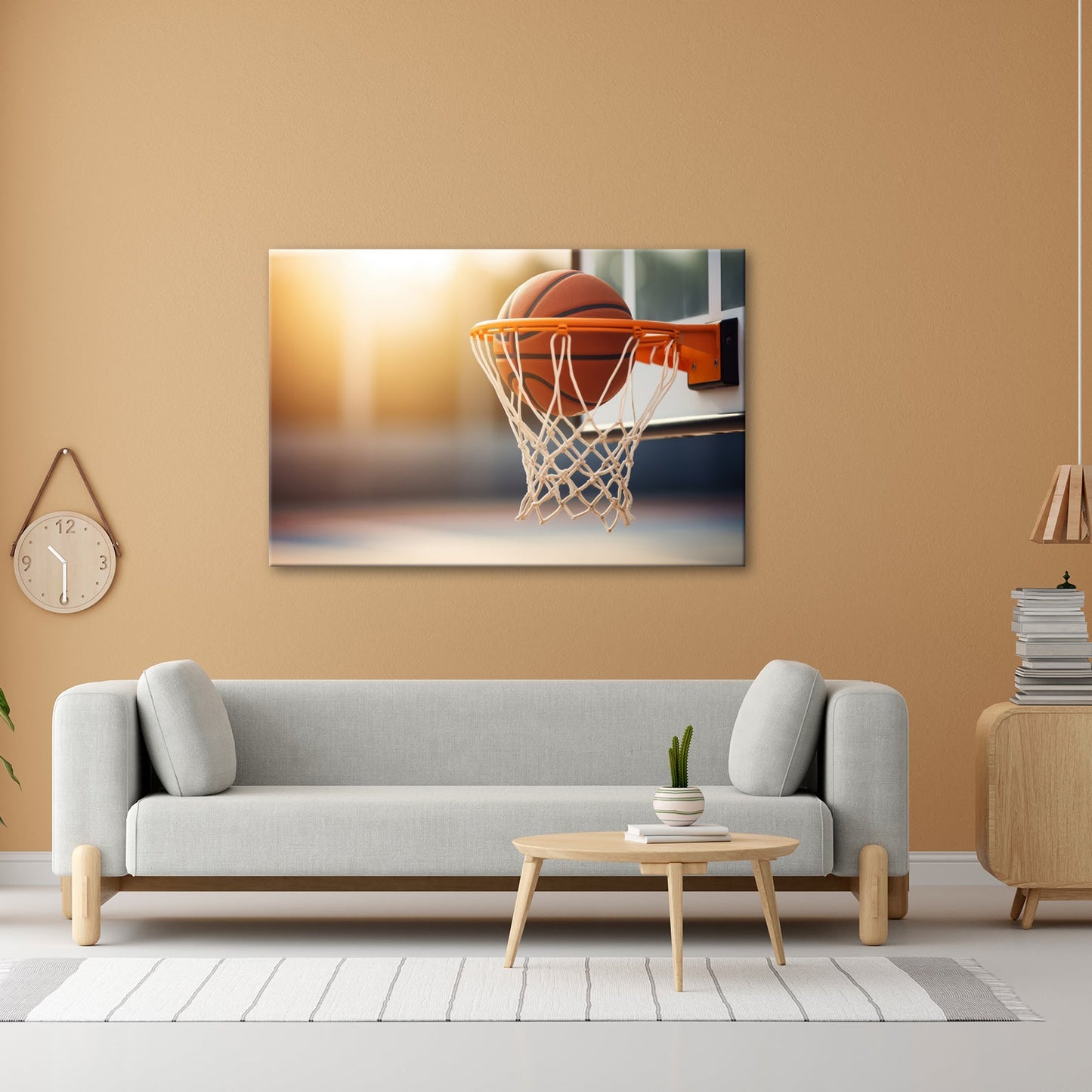 Leinwandbild Basketball versinkt elegant im Korb im sanften Licht. - deyoli
