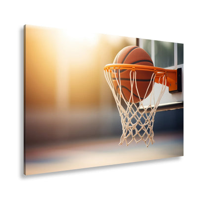 Leinwandbild Basketball versinkt elegant im Korb im sanften Licht. - deyoli
