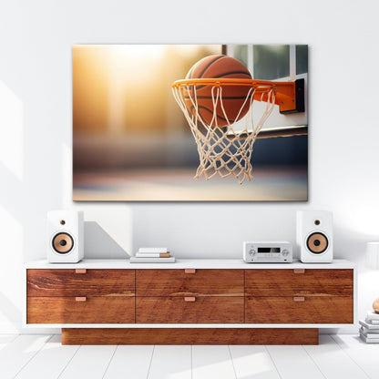 Leinwandbild Basketball versinkt elegant im Korb im sanften Licht. - deyoli