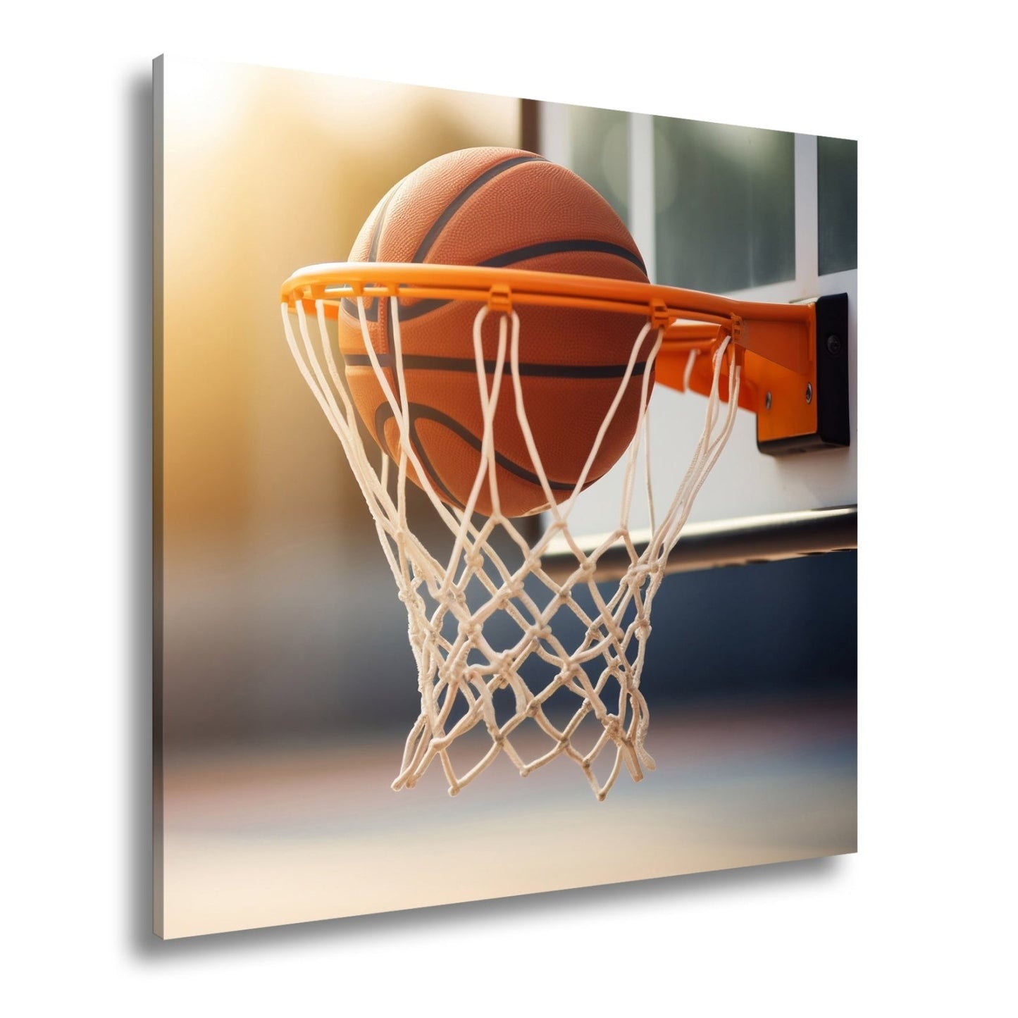 Leinwandbild Basketball versinkt elegant im Korb im sanften Licht. - deyoli