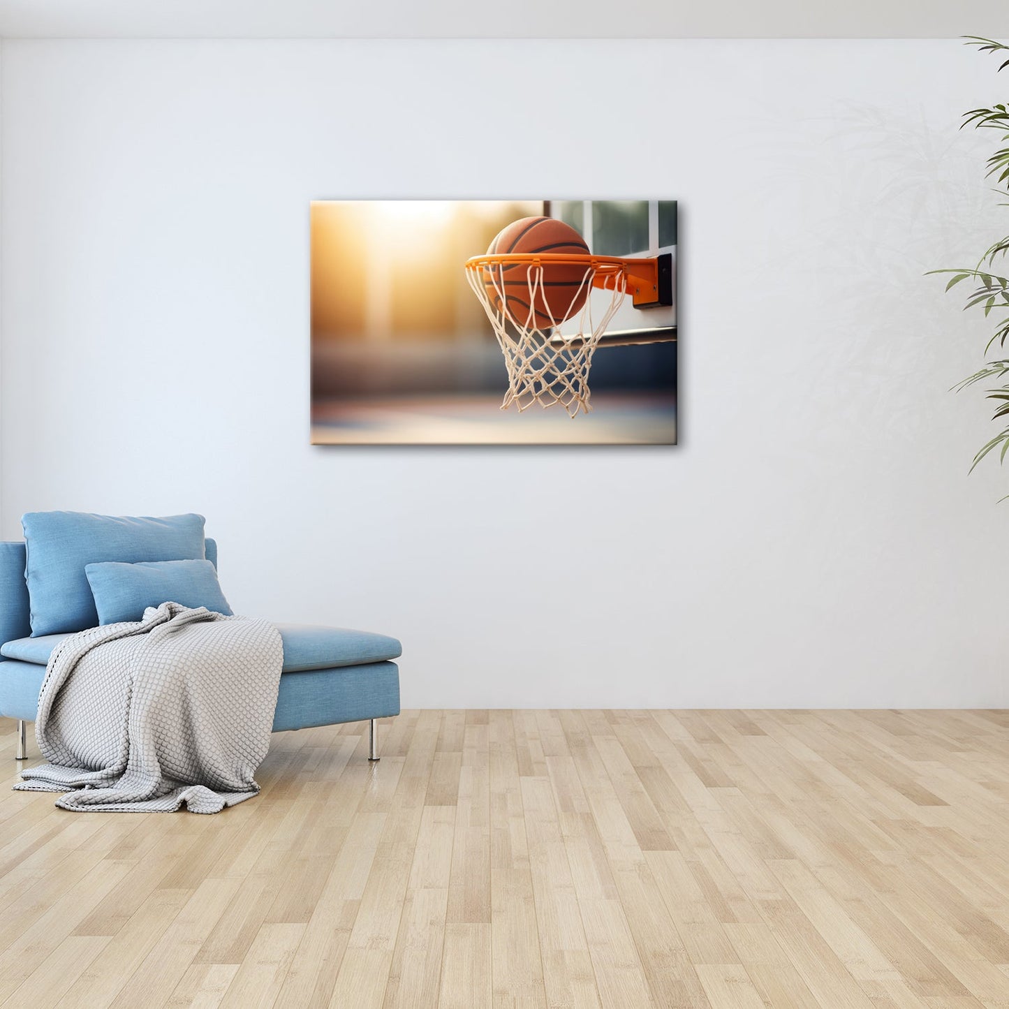 Leinwandbild Basketball versinkt elegant im Korb im sanften Licht. - deyoli