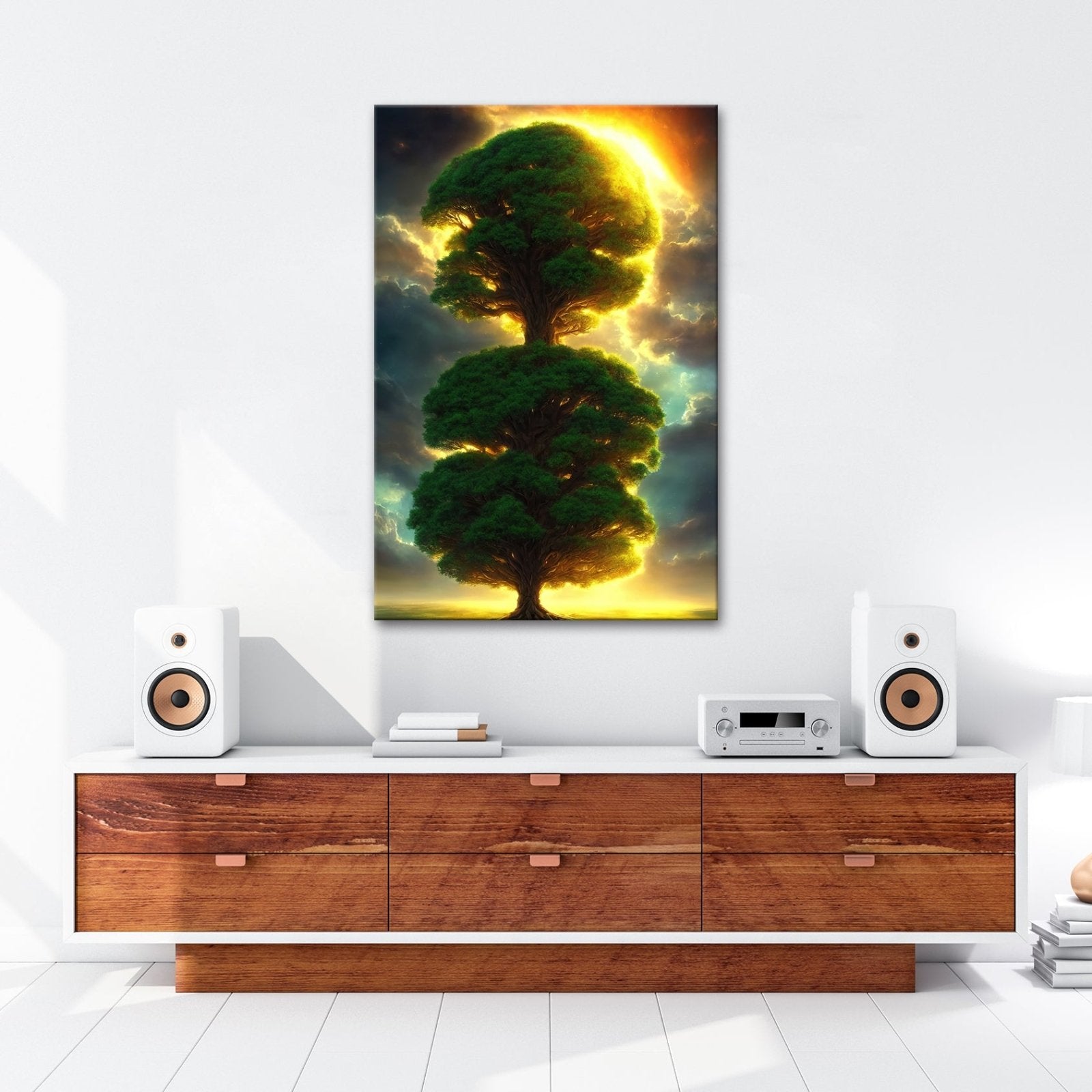 Leinwandbild Baum der Himmel, gekrönt vom Feuer des erwachenden Lichts - deyoli