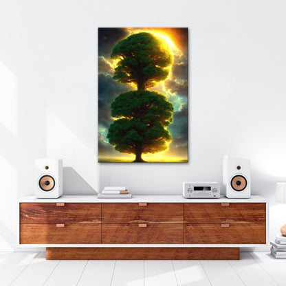 Leinwandbild Baum der Himmel, gekrönt vom Feuer des erwachenden Lichts - deyoli