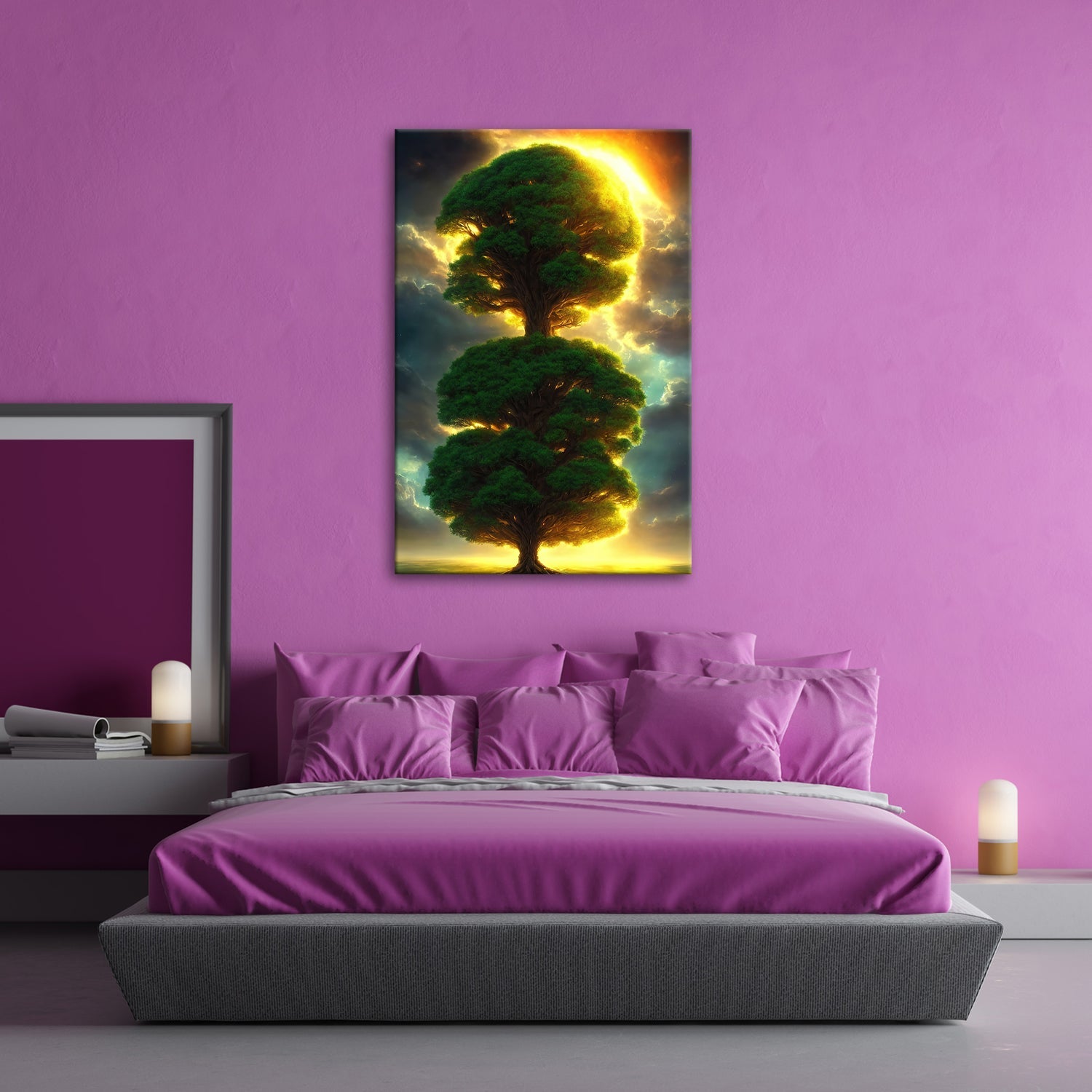 Leinwandbild Baum der Himmel, gekrönt vom Feuer des erwachenden Lichts - deyoli