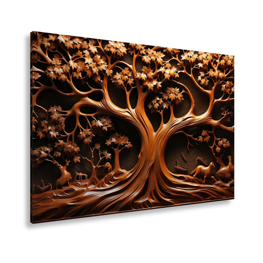 Leinwandbild Baum des Lebens, kunstvoll geschnitzt in zeitlosem Holz. - deyoli
