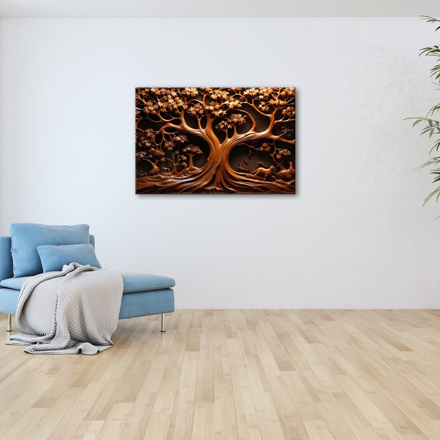 Leinwandbild Baum des Lebens, kunstvoll geschnitzt in zeitlosem Holz. - deyoli