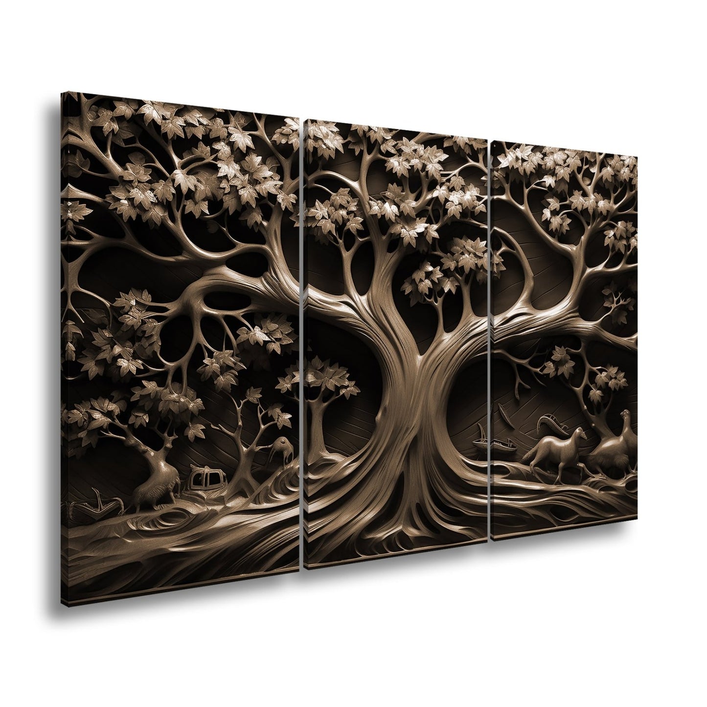 Leinwandbild Baum des Lebens, kunstvoll geschnitzt in zeitlosem Holz. - deyoli