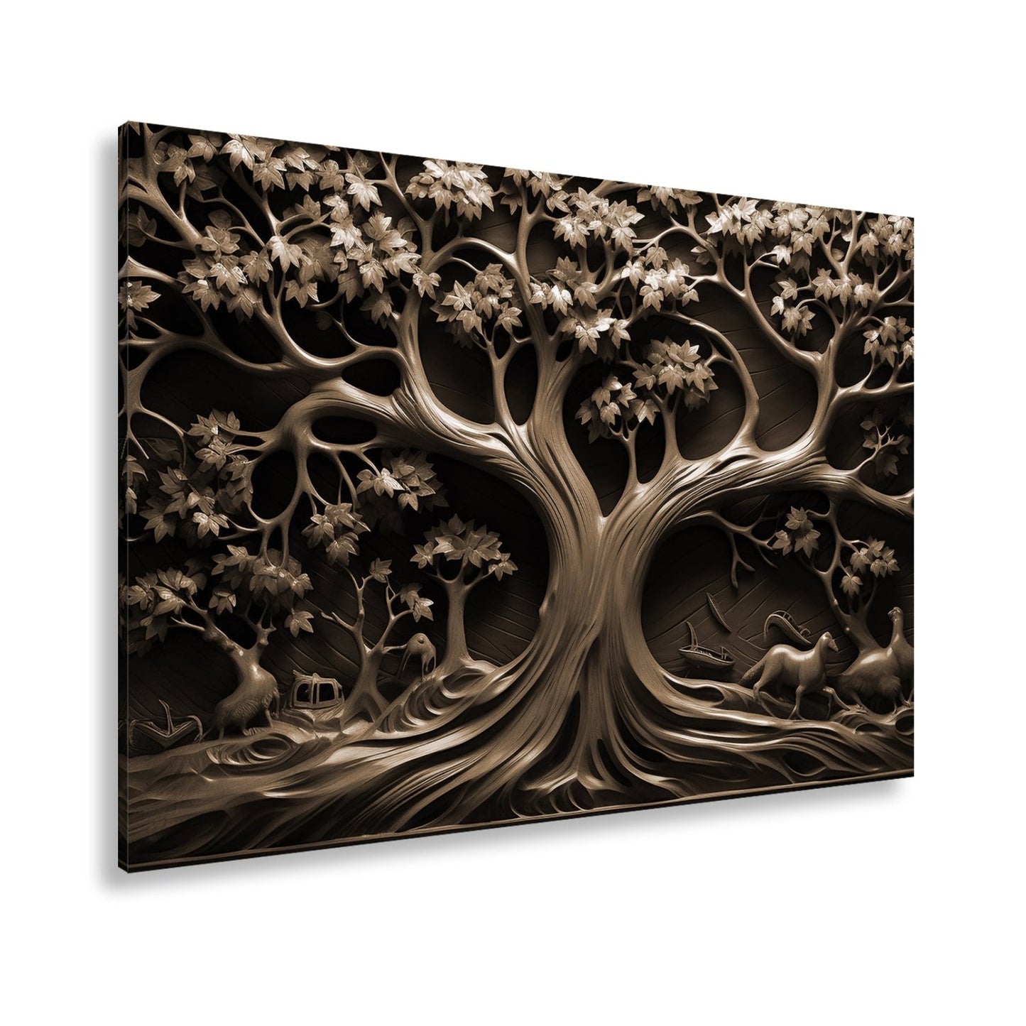 Leinwandbild Baum des Lebens, kunstvoll geschnitzt in zeitlosem Holz. - deyoli
