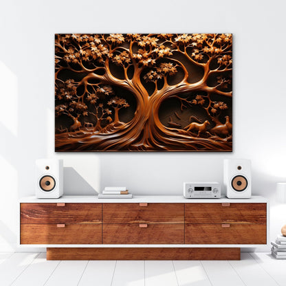 Leinwandbild Baum des Lebens, kunstvoll geschnitzt in zeitlosem Holz. - deyoli