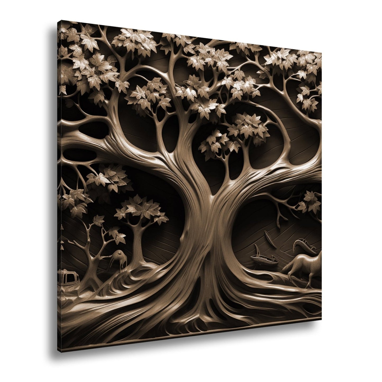 Leinwandbild Baum des Lebens, kunstvoll geschnitzt in zeitlosem Holz. - deyoli