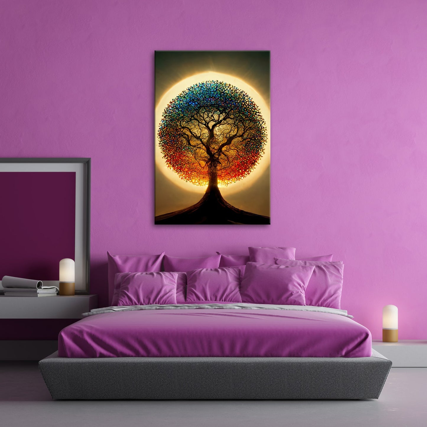 Leinwandbild Baum des Lichts, gekrönt von einem Farbenspiel der Natur - deyoli
