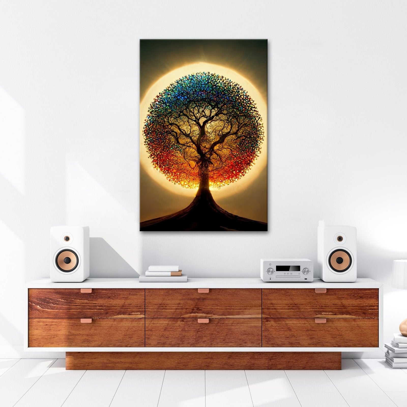 Leinwandbild Baum des Lichts, gekrönt von einem Farbenspiel der Natur - deyoli