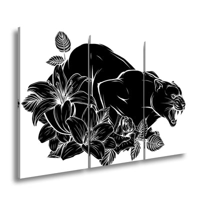 Leinwandbild Bedrohlicher Panther, umhüllt von elegant gezeichneten Blüten - deyoli