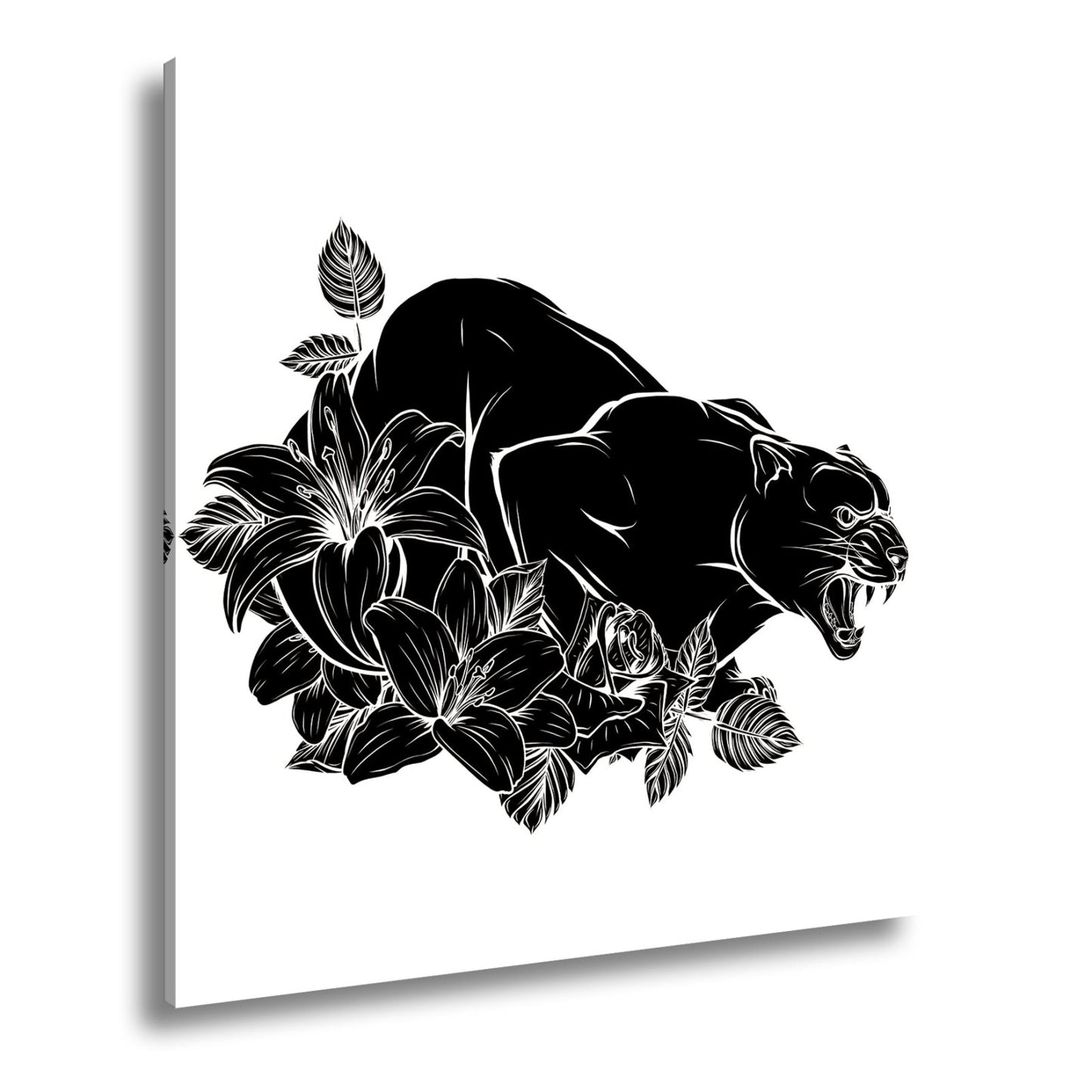 Leinwandbild Bedrohlicher Panther, umhüllt von elegant gezeichneten Blüten - deyoli