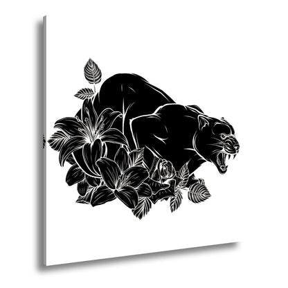 Leinwandbild Bedrohlicher Panther, umhüllt von elegant gezeichneten Blüten - deyoli