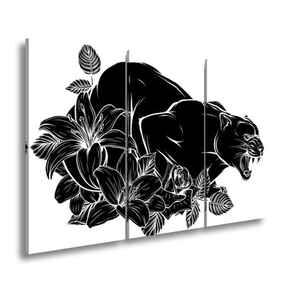 Leinwandbild Bedrohlicher Panther, umhüllt von elegant gezeichneten Blüten - deyoli