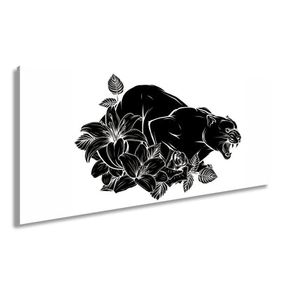 Leinwandbild Bedrohlicher Panther, umhüllt von elegant gezeichneten Blüten - deyoli