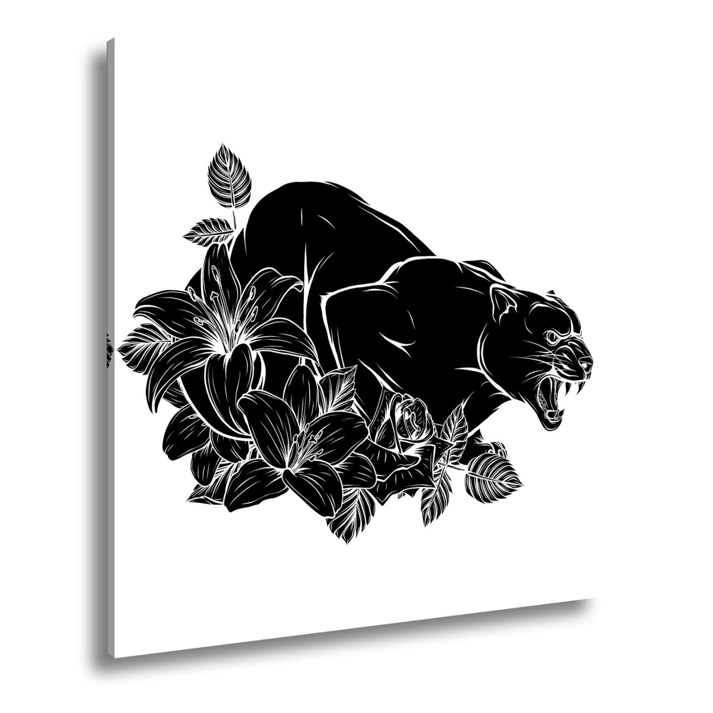 Leinwandbild Bedrohlicher Panther, umhüllt von elegant gezeichneten Blüten - deyoli