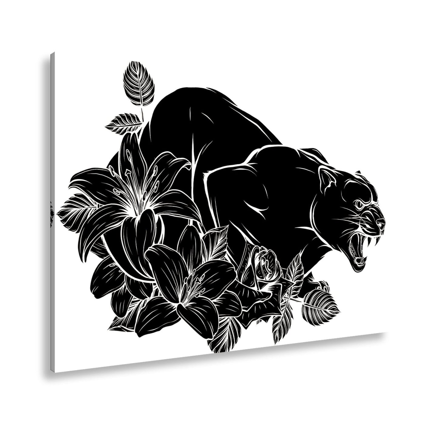 Leinwandbild Bedrohlicher Panther, umhüllt von elegant gezeichneten Blüten - deyoli