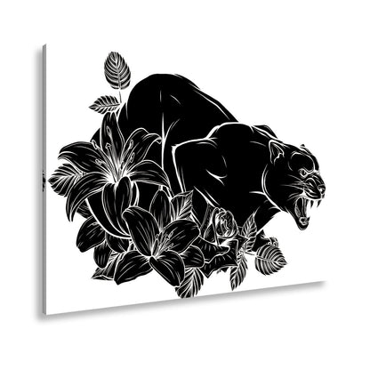 Leinwandbild Bedrohlicher Panther, umhüllt von elegant gezeichneten Blüten - deyoli