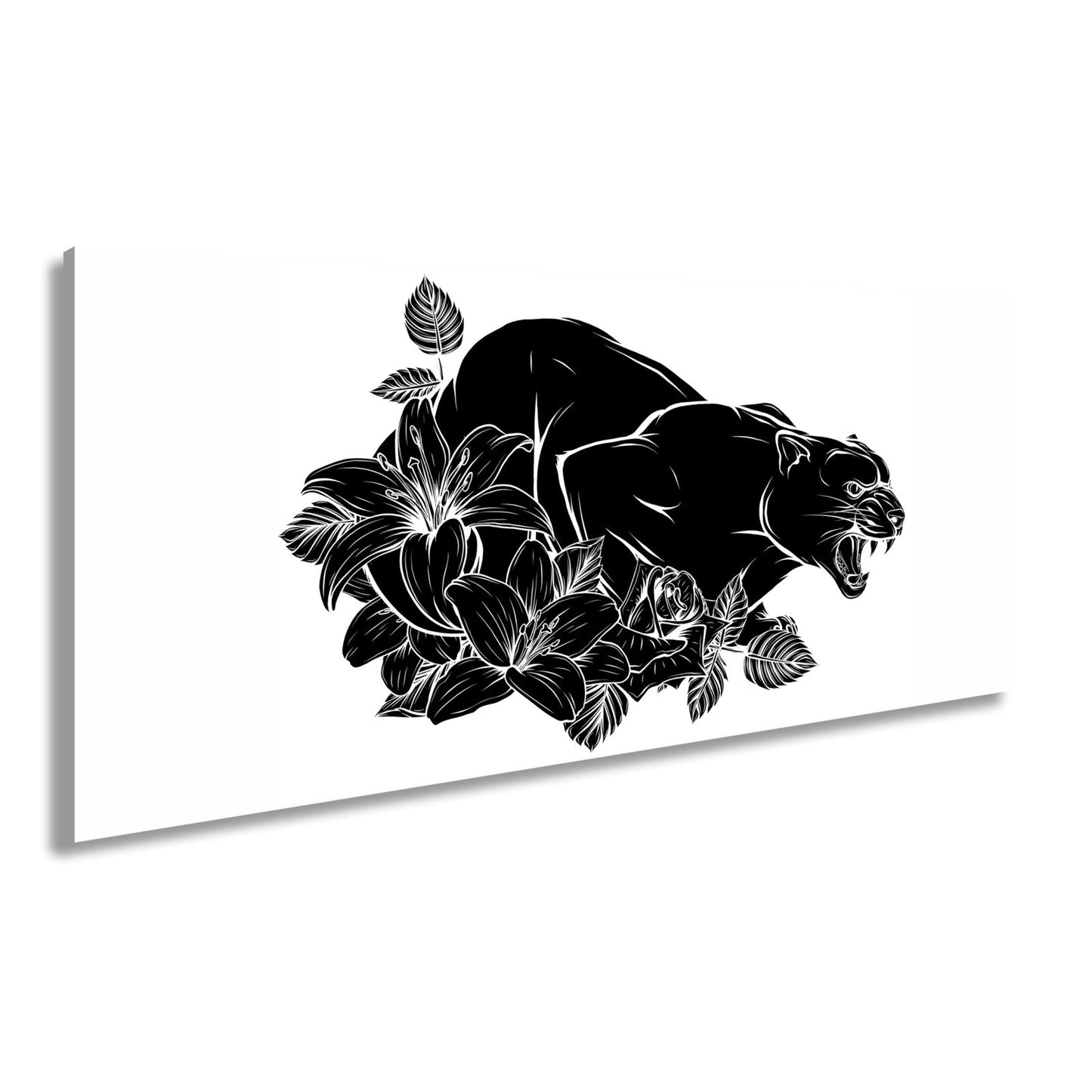 Leinwandbild Bedrohlicher Panther, umhüllt von elegant gezeichneten Blüten - deyoli