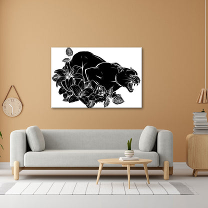 Leinwandbild Bedrohlicher Panther, umhüllt von elegant gezeichneten Blüten - deyoli