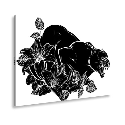 Leinwandbild Bedrohlicher Panther, umhüllt von elegant gezeichneten Blüten - deyoli