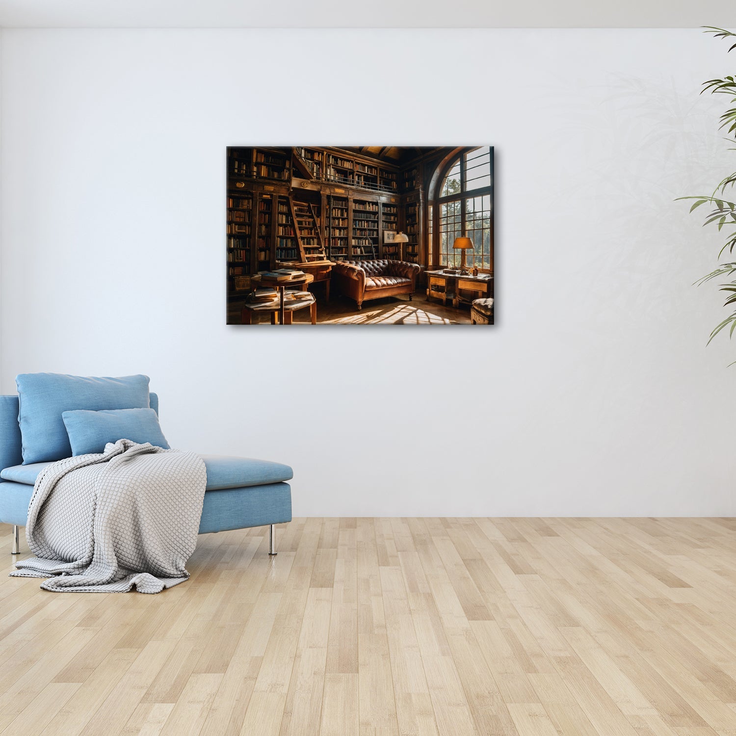 Leinwandbild Bibliothek XXL – Gemütlich mit Lederecke und warmem Licht - deyoli