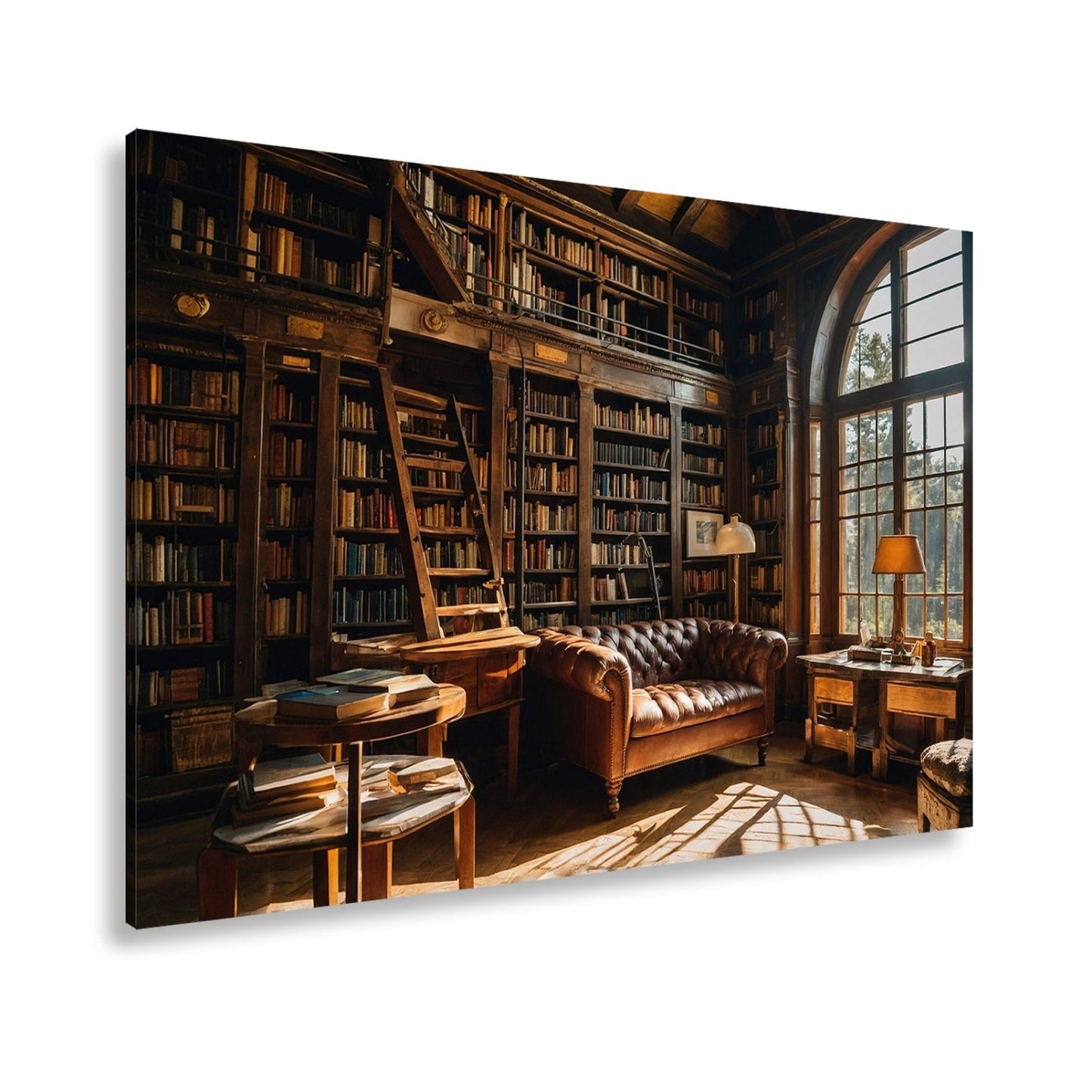 Leinwandbild Bibliothek XXL – Gemütlich mit Lederecke und warmem Licht - deyoli