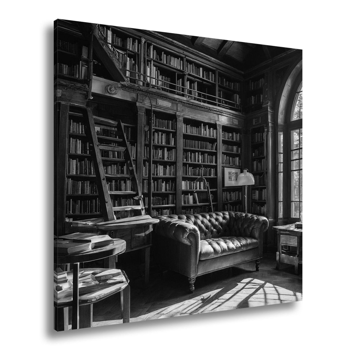 Leinwandbild Bibliothek XXL – Gemütlich mit Lederecke und warmem Licht - deyoli