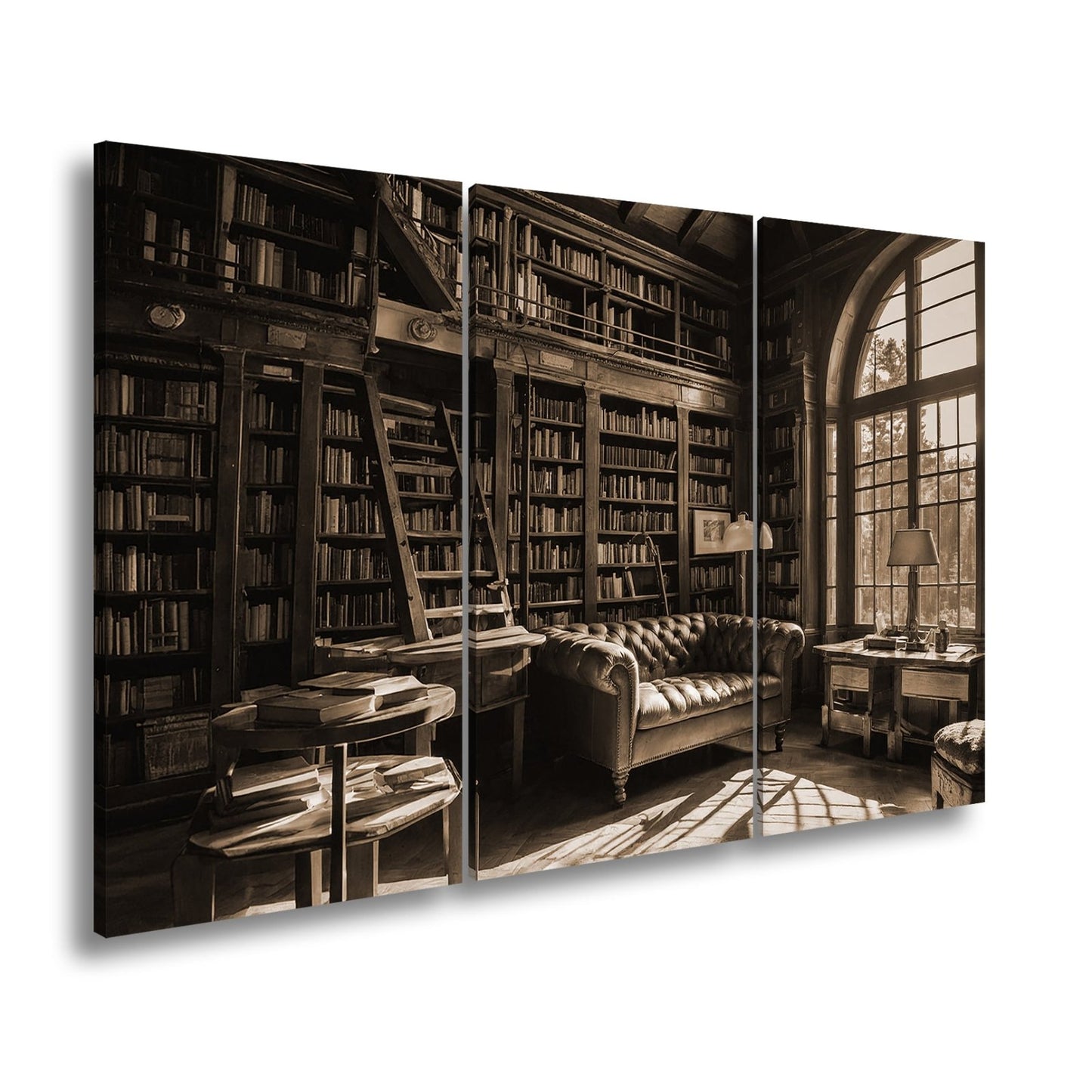 Leinwandbild Bibliothek XXL – Gemütlich mit Lederecke und warmem Licht - deyoli