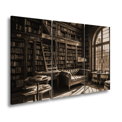 Leinwandbild Bibliothek XXL – Gemütlich mit Lederecke und warmem Licht - deyoli