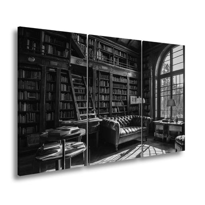 Leinwandbild Bibliothek XXL – Gemütlich mit Lederecke und warmem Licht - deyoli
